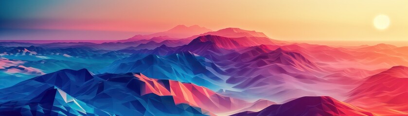 Abstract geometric mountain landscape at sunset. Background for technological processes, science, presentations, education, etc
