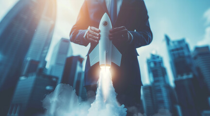 Businessman rocket launch investment growth, planning and starting corporate business start up aiming objective value development leadership and customer target group - obrazy, fototapety, plakaty