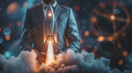 Businessman rocket launch investment growth, planning and starting corporate business start up aiming objective value development leadership and customer target group