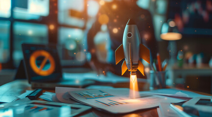 Businessman rocket launch investment growth, planning and starting corporate business start up aiming objective value development leadership and customer target group - obrazy, fototapety, plakaty