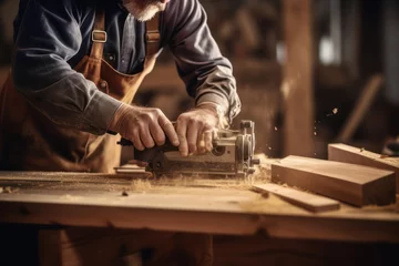 Foto op Plexiglas Oud vliegtuig Carpenter doing wood work using classic old machine plane tools in a workshop.