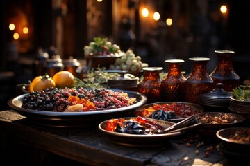 A spread of dishes on a table with food, tableware, and vases