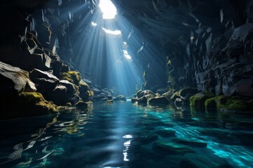 the sun is shining through the ceiling of a cave filled with water