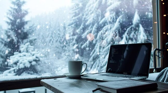 Laptop and coffee at winter window cozy workspace with snowy view Seamless looping 4k time-lapse virtual video animation background. Generated AI