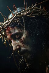 Emotional portrayal of Jesus Christ with a crown of thorns, conveying the weight of suffering and sacrifice central to his teachings,