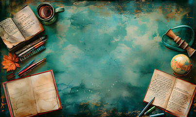 A rustic green tabletop with open books, writing tools, and a globe