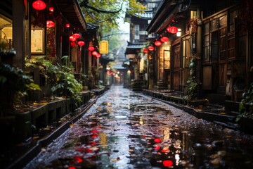 A narrow alleyway in a city with lanterns amidst rain, buildings, and darkness