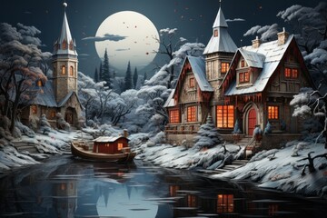 A painting of a snowy village with a full moon in the background