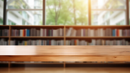 Empty wooden table with blurred bookshelves in a public library