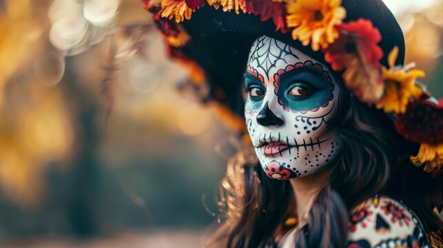 beautiful mexican woman with painted face and day of the dead hat