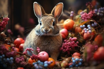 Fototapeta na wymiar a small rabbit is sitting in a pile of fruits and flowers