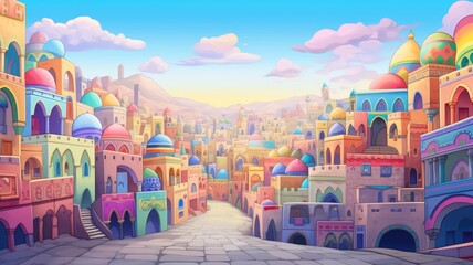 cartoon illustration Panorama of ancient arab city with houses and the Arab market.