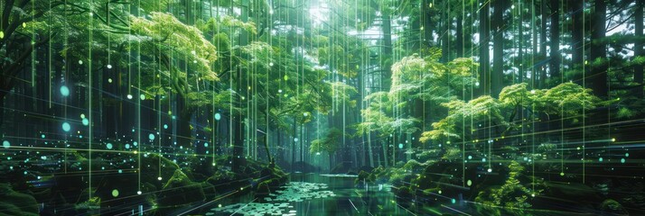 Futuristic digital forest concept with green technology and ecology network. Background for technological processes, science, presentations, education, etc