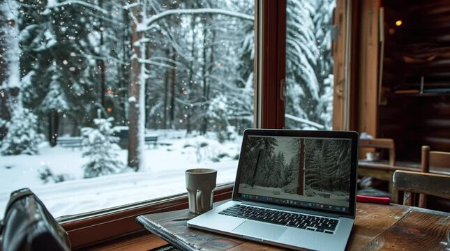 Laptop sitting by the window on a crisp winter day, cozy and inviting Seamless looping 4k time-lapse virtual video animation background. Generated AI