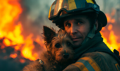 Firefighter holding dog in front of burning building