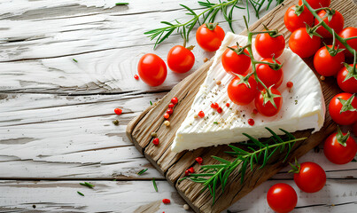 Brie cheese wedge with tomatoes and rosemary on rustic wooden cutting board