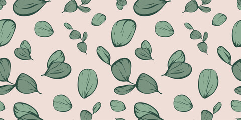 Botanical line seamless pattern of a eucalyptus leaves branch for wedding invitation and cards, textile products, web, wrapping paper and poster, template, beauty and cosmetic industry.	