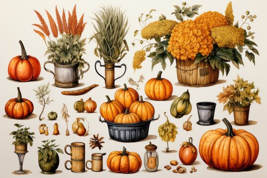 there are many different types of pumpkins and plants in this painting