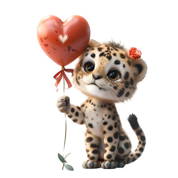 A 3D animated cartoon render of a cute leopard holding a heart-shaped balloon. Created with generative AI.