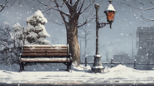 Park bench chair under tree during winter snow. Sidewalk lights on the quiet outdoor.	
