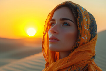 A woman with a headscarf is portrayed at sunset in the desert, evoking a sense of travel and cultural exploration. - obrazy, fototapety, plakaty