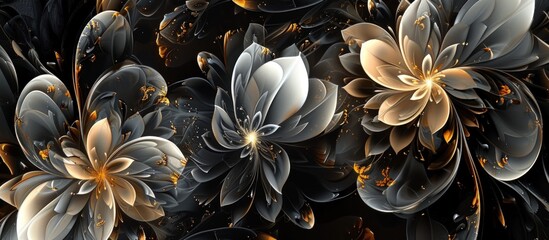 3d rendering abstract texture black and gold floral pattern background. AI generated image