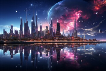 a futuristic city is reflected in the water with a planet in the background