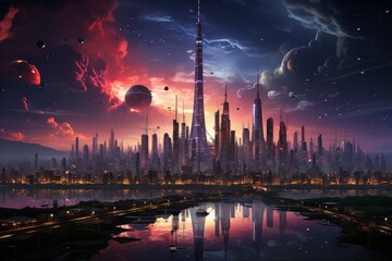 a futuristic city with a lot of skyscrapers and a river in the foreground