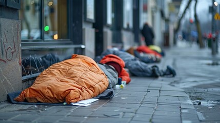 Homeless people sleeping in sleeping bag and cardboard in a street, concept of financial crisis, unemployment, lose job, vulnerable groups. - obrazy, fototapety, plakaty