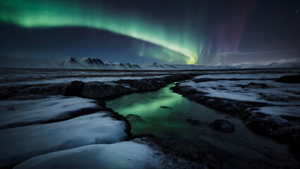 Icelandic Aurora  in the sky with moving rivers - obrazy, fototapety, plakaty