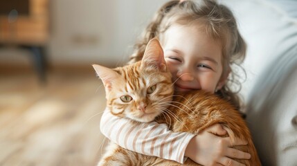 Happy toddler girl hugging her beautiful redhead cat at home with copy space. Love to the animal. - obrazy, fototapety, plakaty