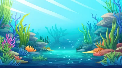 Foto op Plexiglas cartoon illustration Sea world scene, ocean deep wildlife or coral reef seascape © chesleatsz