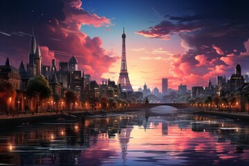 the eiffel tower is reflected in the water at sunset in paris
