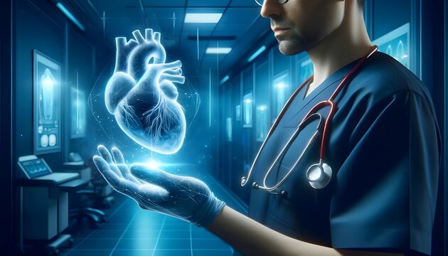 A medical professional in blue scrubs with a stethoscope is manipulating a holographic image of a human heart in a high-tech hospital corridor.

