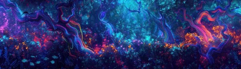 Enchanted forest with magical bioluminescent flora and shimmering trees. Background for technological processes, science, presentations, education, etc - obrazy, fototapety, plakaty