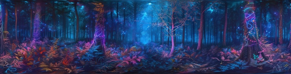 Enchanted forest with magical bioluminescent flora and shimmering trees. Background for technological processes, science, presentations, education, etc