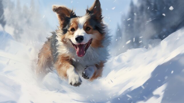 A happy dog running in the snow during winter.