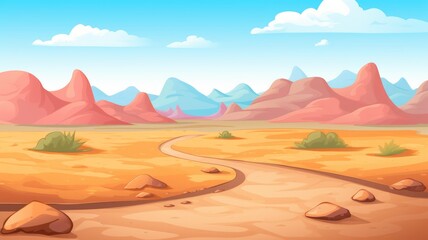 cartoon desert landscape with towering rock formations, a clear sky, and sparse vegetation.