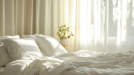 Morning white bed with sunlight streaming through the curtains. National Bed Month concept