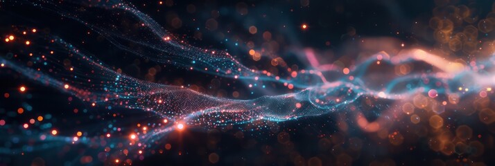 Abstract cosmic flow with vibrant colors and ethereal star particles. Background for technological processes, science, presentations, education, etc - obrazy, fototapety, plakaty