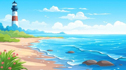 cartoon beach scene with clear blue waters, sky, and lush greenery