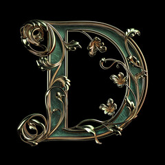  Letter D detailed Art Nouveau sculpture icon on black background