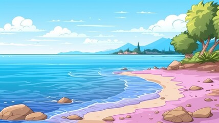 Fototapeta na wymiar cartoon beach scene with clear blue waters, sky, and lush greenery