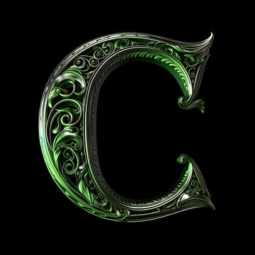  Letter C detailed Art Nouveau sculpture icon on black background