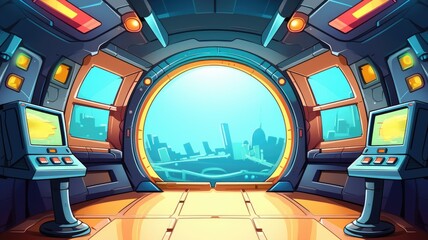 cartoon Spaceship interior, cockpit view inside.  futuristic safety shelter room with a circular design - obrazy, fototapety, plakaty