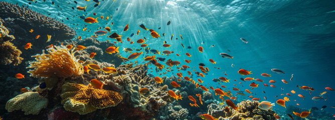 Sunbeams penetrate the ocean surface, illuminating a bustling underwater world of coral reefs teeming with colorful fish.