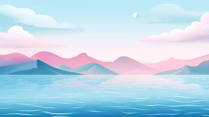 Papier Peint photo Bleu clair cartoon illustration Summer landscape with sea and mountains in fog