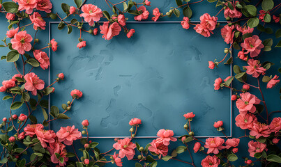 Creative layout made of pink flowers on blue background with frame. Flat lay, top view, copy space