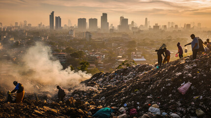 A stark contrast of urban development and sprawling landfill sites, highlighting challenges in waste management and environmental pollution.