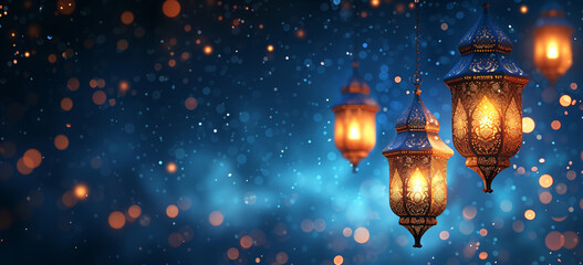 An illustration of glowing arabic lanterns with a sparkling blue bokeh background, depicting a serene Ramadan celebration. - obrazy, fototapety, plakaty